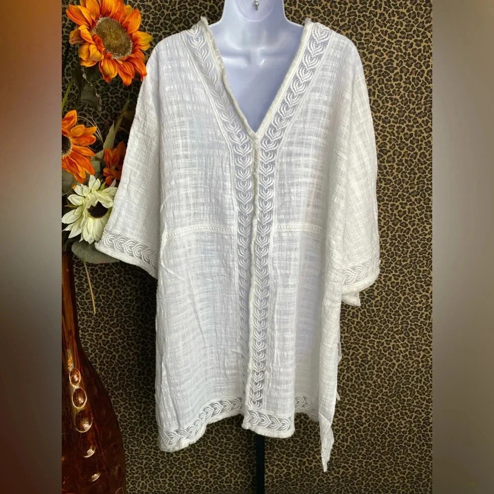 🌴3/$30🌴DOE & RAE White Oversized Embroidered Cotton Swimsuit Cover-Up NWT - Picture 7 of 12